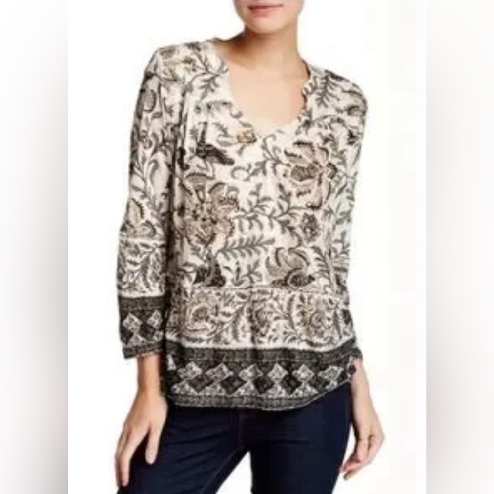 Lucky Brand 3/4 Sleeve Floral /Bird Peasant Split Neck Top size 2X Boho